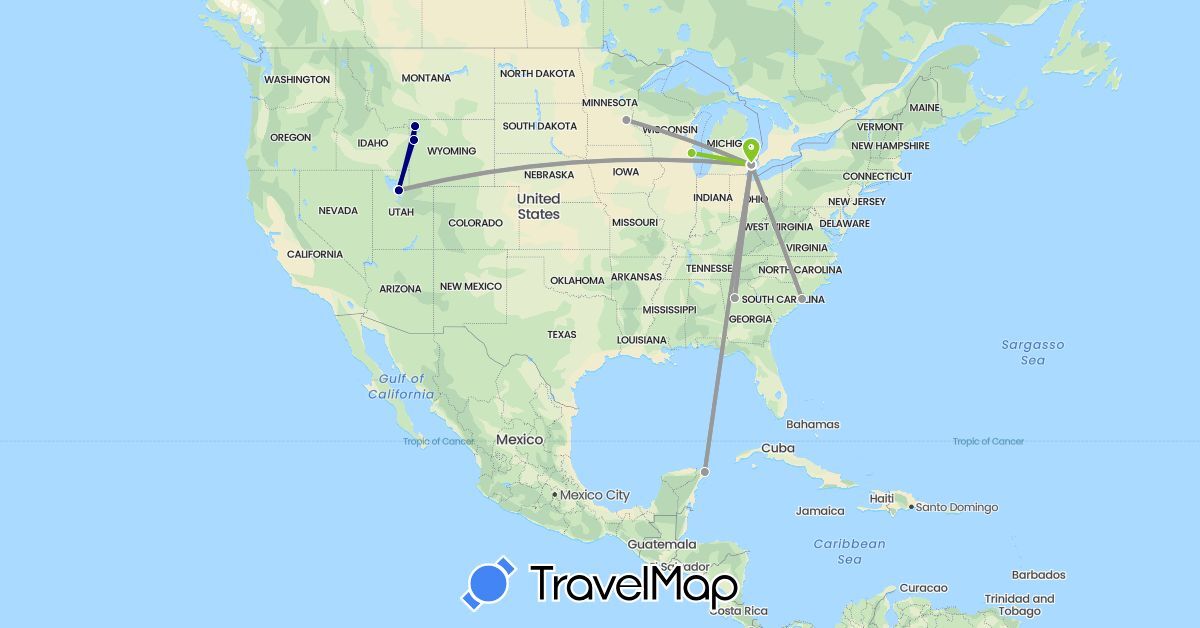 TravelMap itinerary: driving, plane, electric vehicle in Mexico, United States (North America)